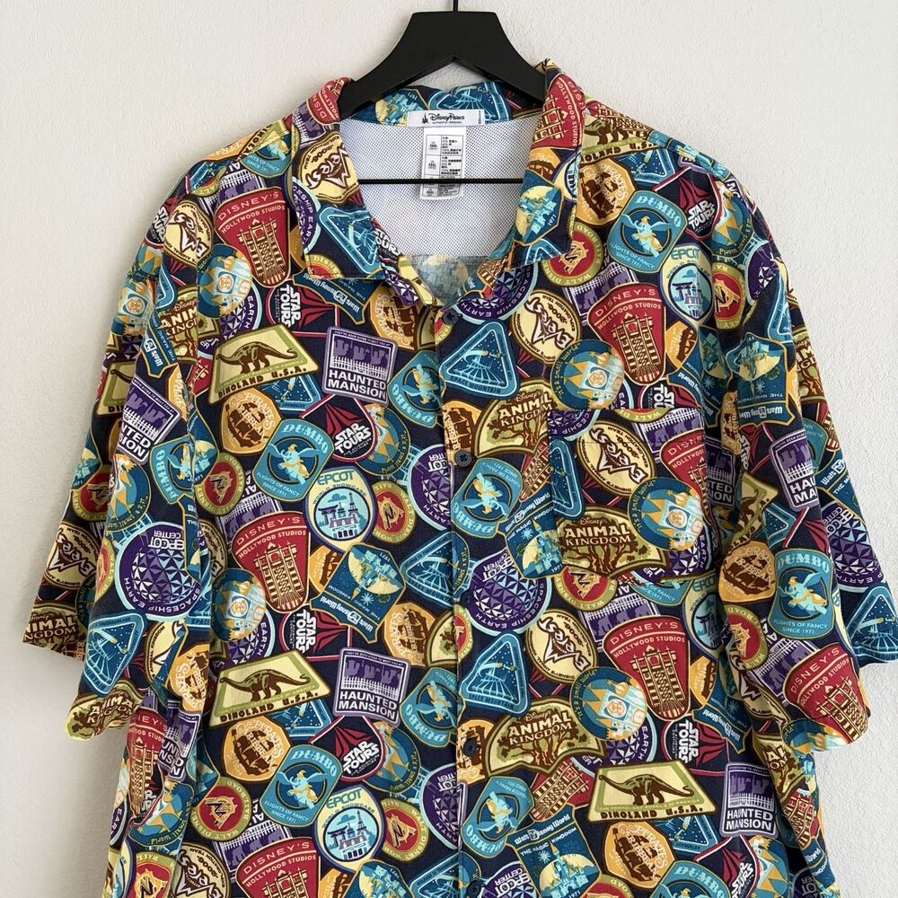 Disney Parks Button Up Shirt Mens Size 3XL Disneyland Attractions Badges Print